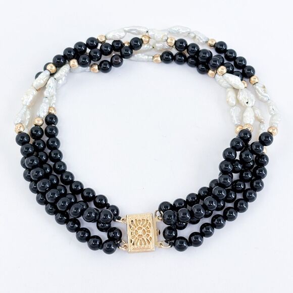 Estate 14K Gold Onyx & Freshwater Pearl 4-Strand Beaded Bracelet 7.75" - Picture 1 of 5